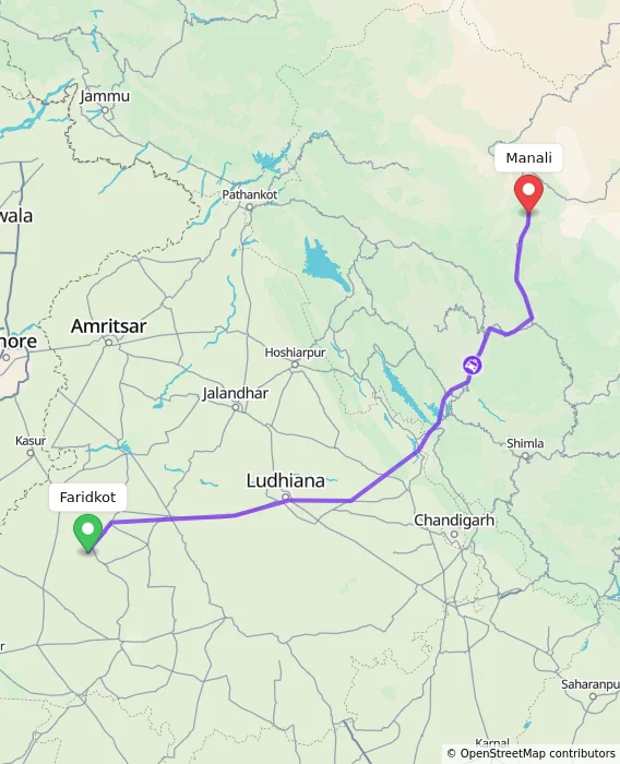 Route map showing distance and travel time from Faridkot, India to Manali, India