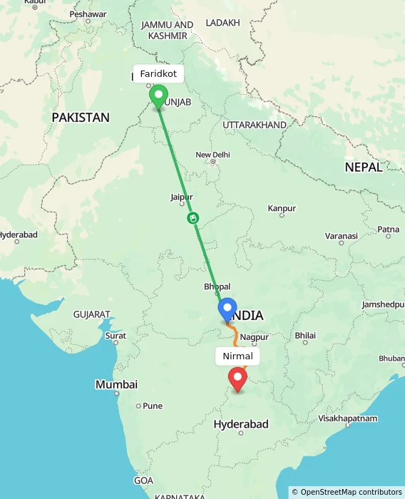 Route map showing distance and travel time from Faridkot, India to Nirmal, India