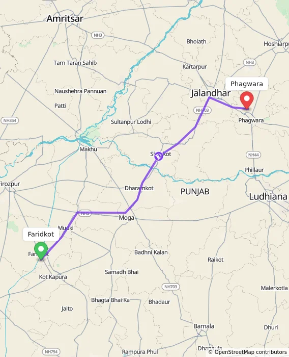 Route map showing distance and travel time from Faridkot, India to Phagwara, India