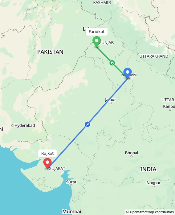 Route map showing distance and travel time from Faridkot, India to Rajkot, India