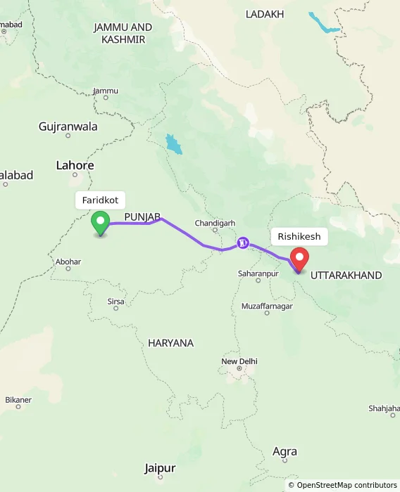 Route map showing distance and travel time from Faridkot, India to Rishikesh, India