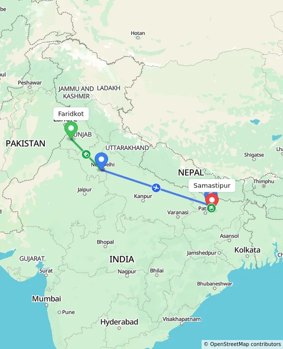 Route map showing distance and travel time from Faridkot, India to Samastipur, India