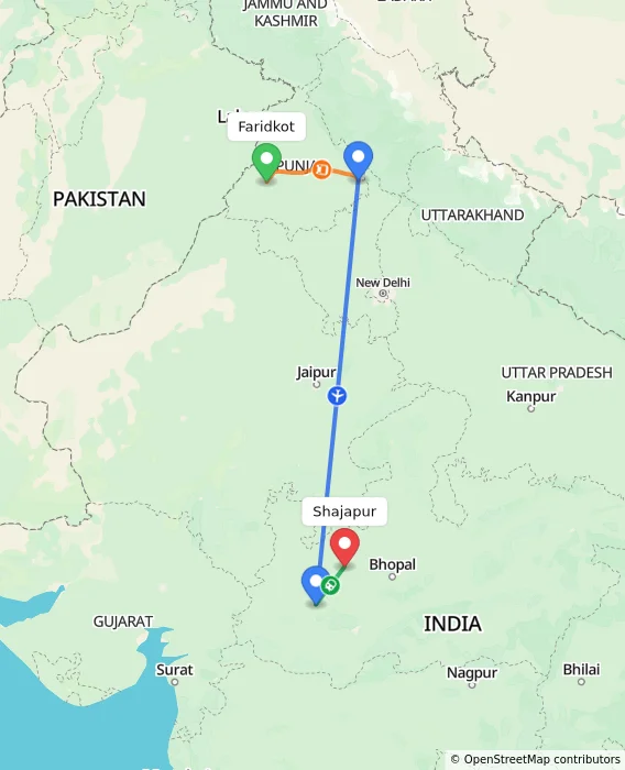 Route map showing distance and travel time from Faridkot, India to Shajapur, India