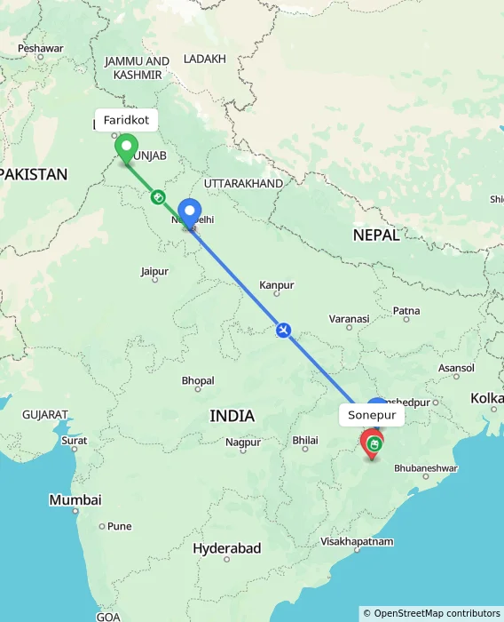 Route map showing distance and travel time from Faridkot, India to Sonepur, India