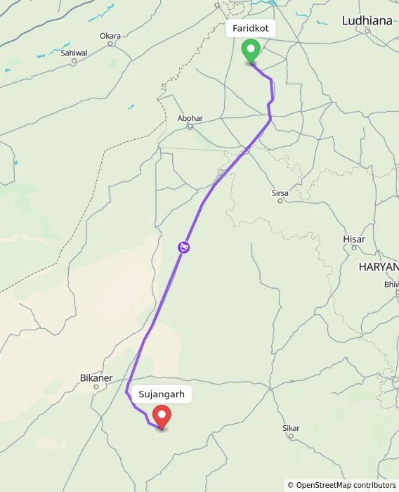 Route map showing distance and travel time from Faridkot, India to Sujangarh, India