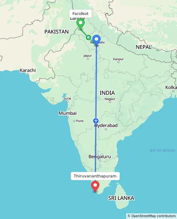 Route map showing distance and travel time from Faridkot, India to Thiruvananthapuram, India