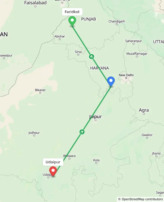 Route map showing distance and travel time from Faridkot, India to Udaipur, India