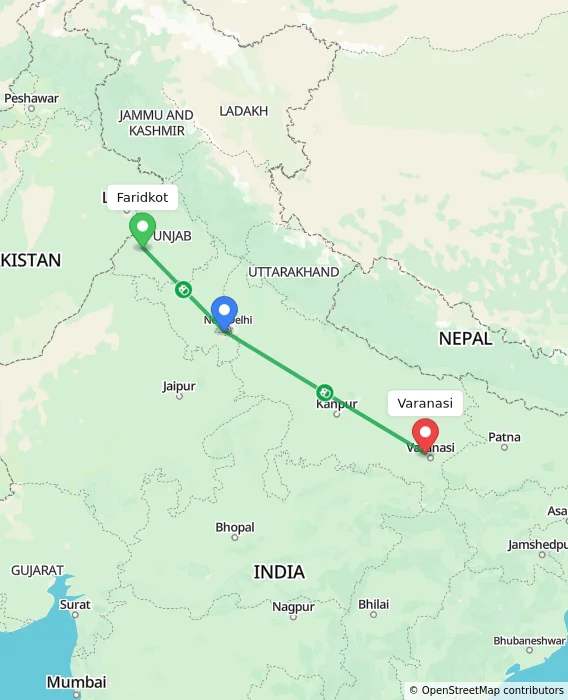 Route map showing distance and travel time from Faridkot, India to Varanasi, India