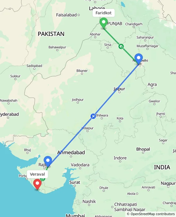 Route map showing distance and travel time from Faridkot, India to Veraval, India