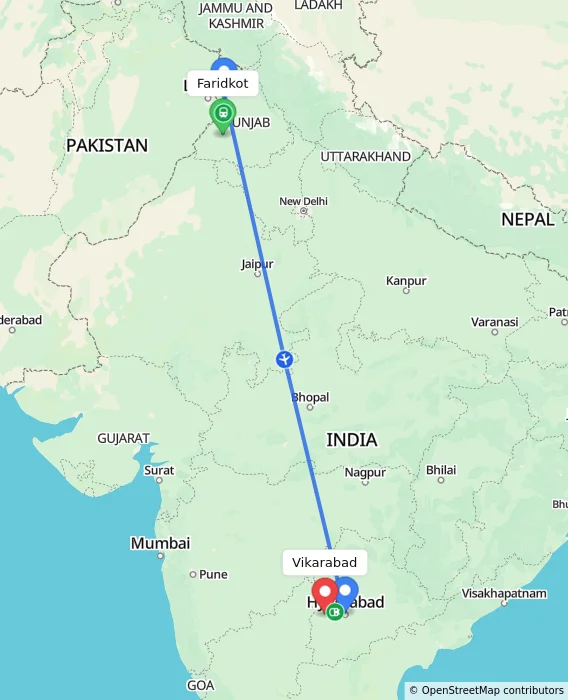 Route map showing distance and travel time from Faridkot, India to Vikarabad, India