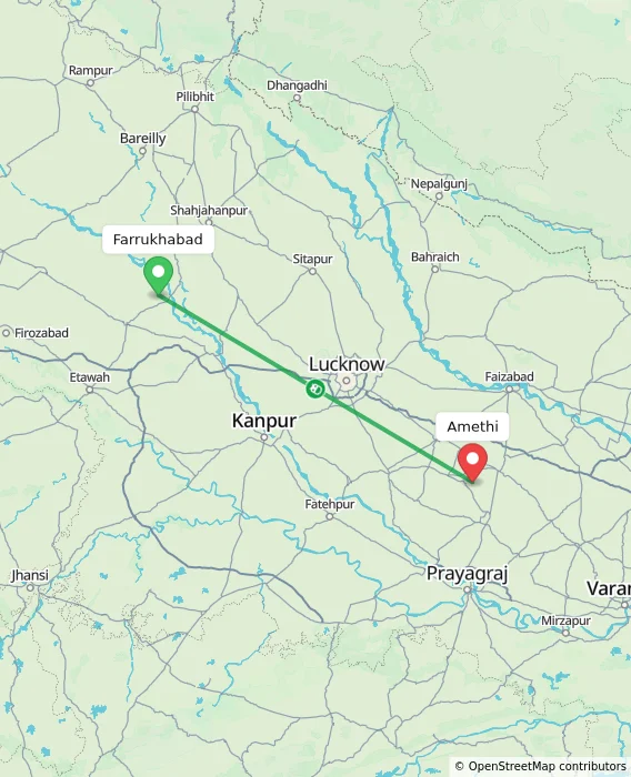 Route map showing distance and travel time from Farrukhabad, India to Amethi, India