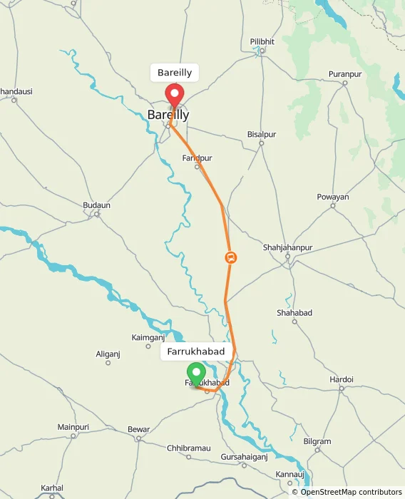 Route map showing distance and travel time from Farrukhabad, India to Bareilly, India