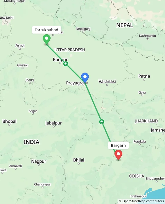 Route map showing distance and travel time from Farrukhabad, India to Bargarh, India