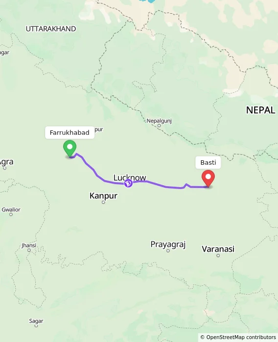 Route map showing distance and travel time from Farrukhabad, India to Basti, India