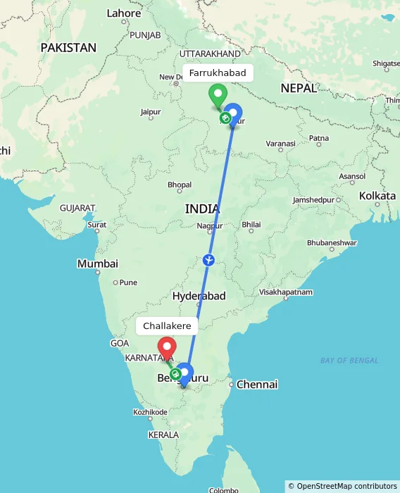 Route map showing distance and travel time from Farrukhabad, India to Challakere, India