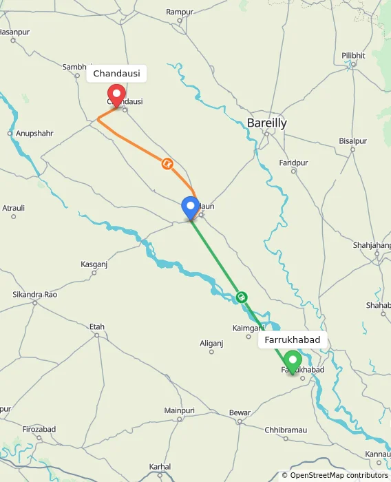 Route map showing distance and travel time from Farrukhabad, India to Chandausi, India