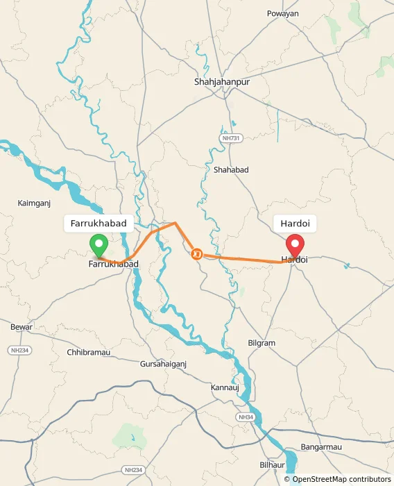 Route map showing distance and travel time from Farrukhabad, India to Hardoi, India