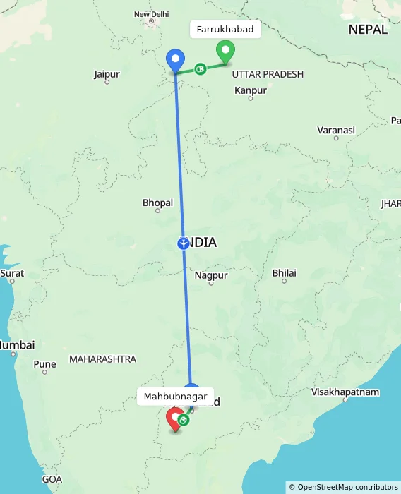 Route map showing distance and travel time from Farrukhabad, India to Mahbubnagar, India