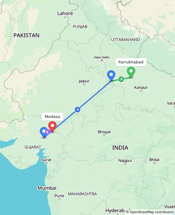Route map showing distance and travel time from Farrukhabad, India to Modasa, India