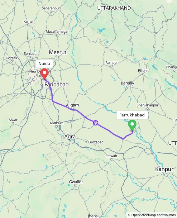 Route map showing distance and travel time from Farrukhabad, India to Noida, India