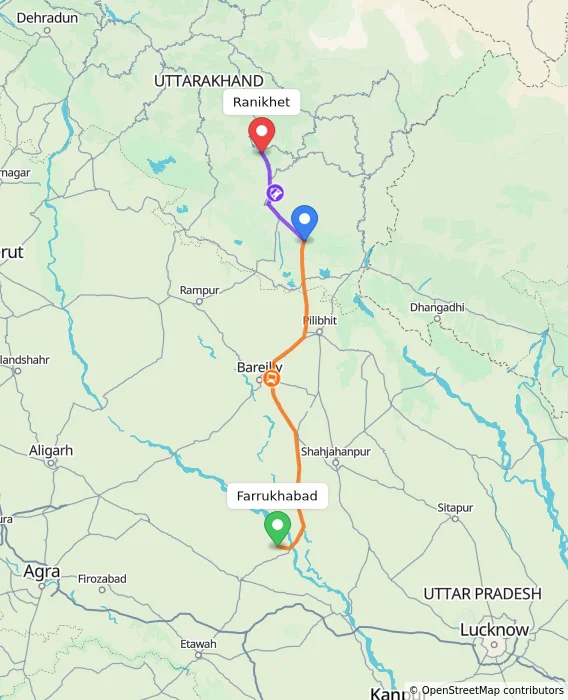 Route map showing distance and travel time from Farrukhabad, India to Ranikhet, India