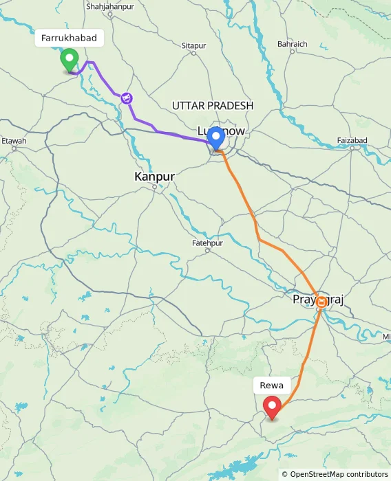 Route map showing distance and travel time from Farrukhabad, India to Rewa, India