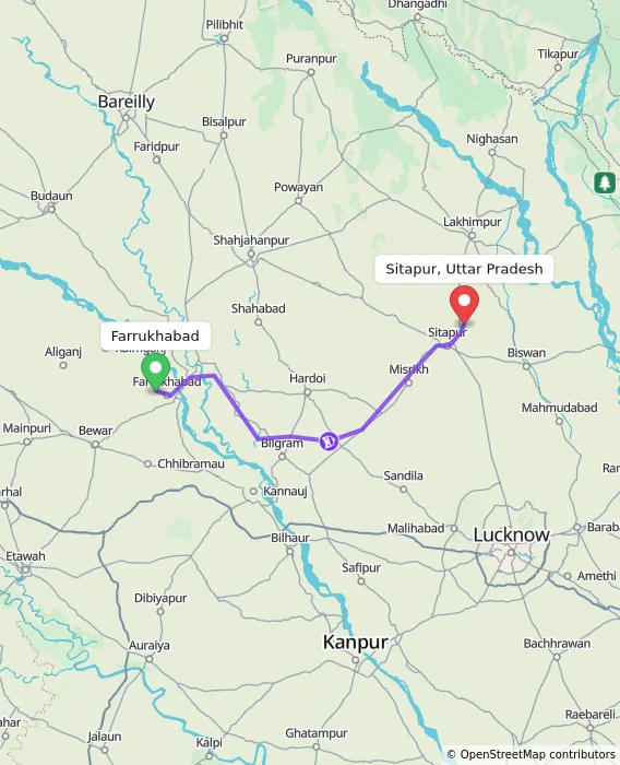 Route map showing distance and travel time from Farrukhabad, India to Sitapur, Uttar Pradesh, India