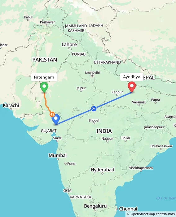 Route map showing distance and travel time from Fatehgarh, India to Ayodhya, India