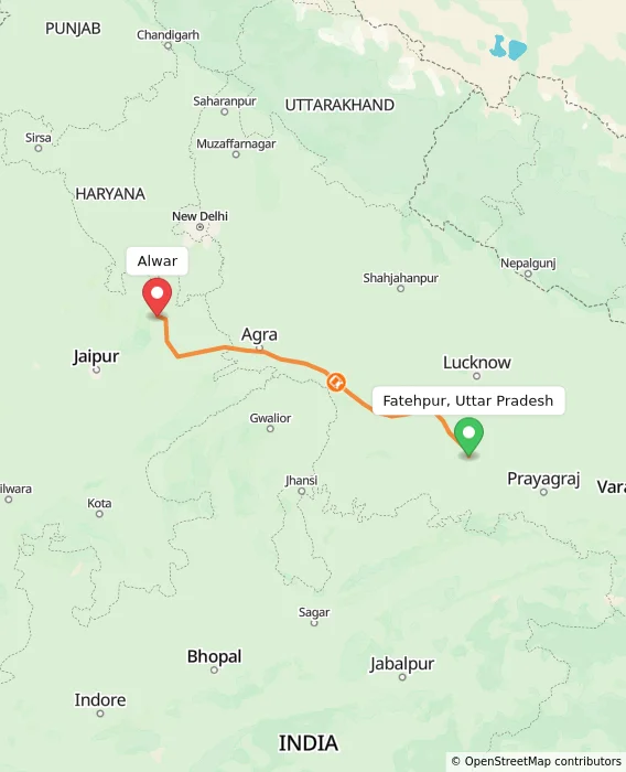 Route map showing distance and travel time from Fatehpur, Uttar Pradesh, India to Alwar, India