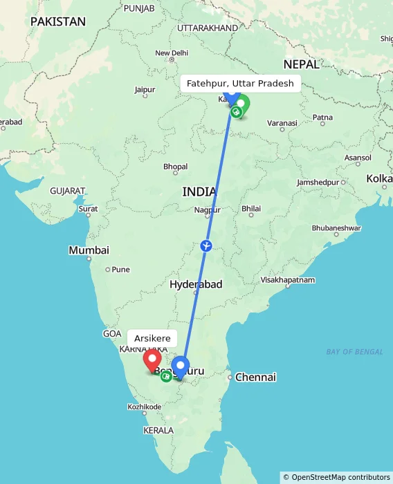 Route map showing distance and travel time from Fatehpur, Uttar Pradesh, India to Arsikere, India