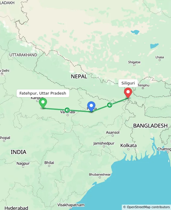 Route map showing distance and travel time from Fatehpur, Uttar Pradesh, India to Bagdogra, India