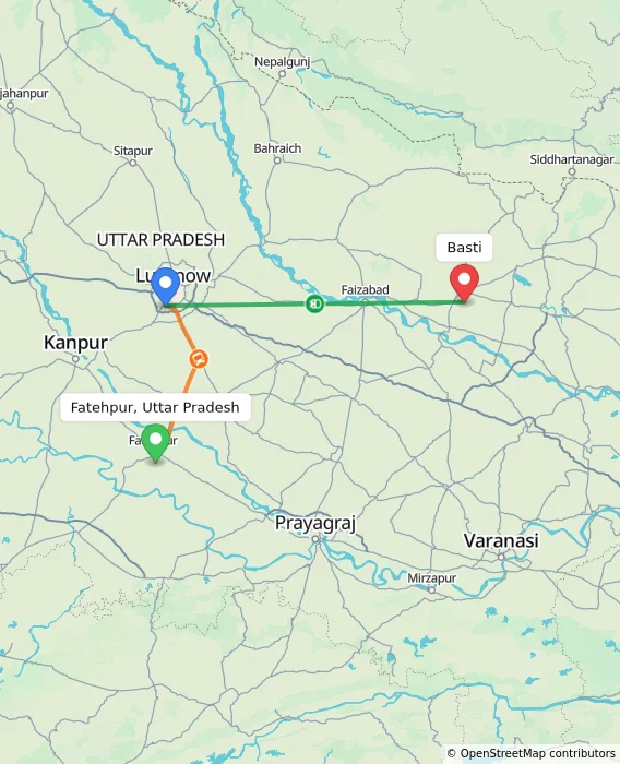 Route map showing distance and travel time from Fatehpur, Uttar Pradesh, India to Basti, India