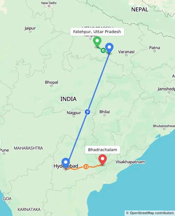 Route map showing distance and travel time from Fatehpur, Uttar Pradesh, India to Bhadrachalam, India