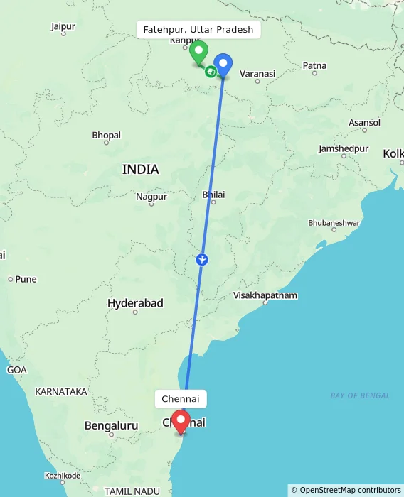 Route map showing distance and travel time from Fatehpur, Uttar Pradesh, India to Chennai, India
