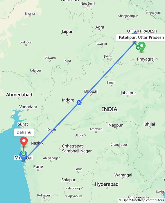 Route map showing distance and travel time from Fatehpur, Uttar Pradesh, India to Dahanu, India