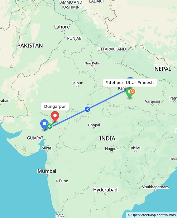 Route map showing distance and travel time from Fatehpur, Uttar Pradesh, India to Dungarpur, India