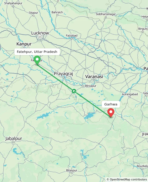 Route map showing distance and travel time from Fatehpur, India to Garhwa, India