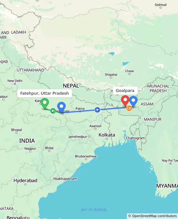Route map showing distance and travel time from Fatehpur, Uttar Pradesh, India to Goalpara, India