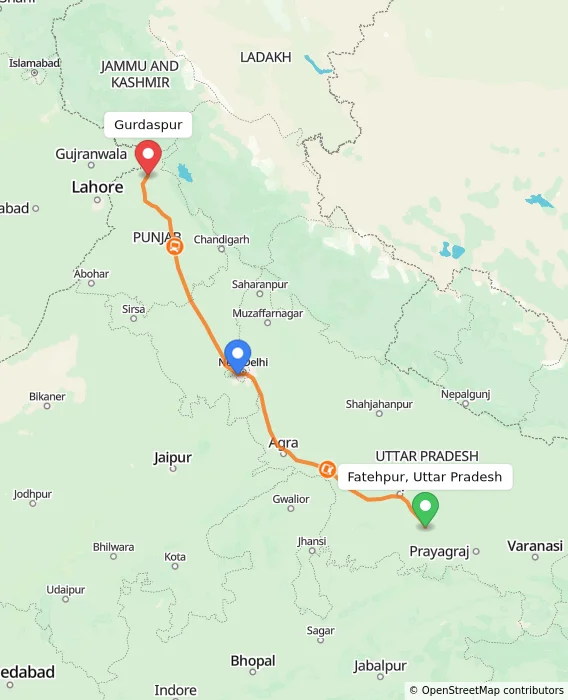 Route map showing distance and travel time from Fatehpur, Uttar Pradesh, India to Gurdaspur, India