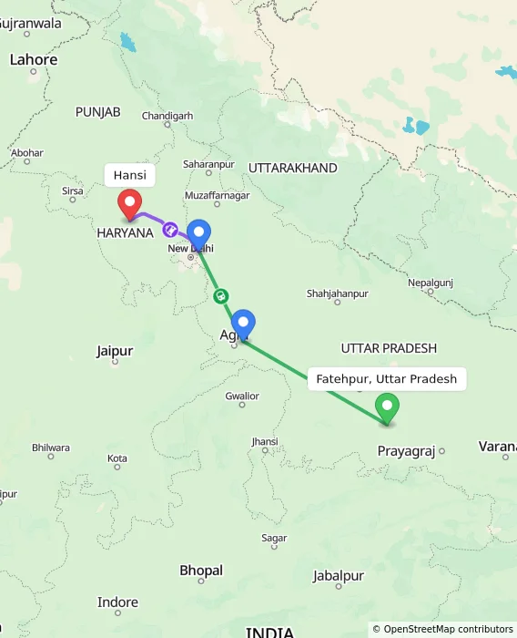 Route map showing distance and travel time from Fatehpur, Uttar Pradesh, India to Hansi, India