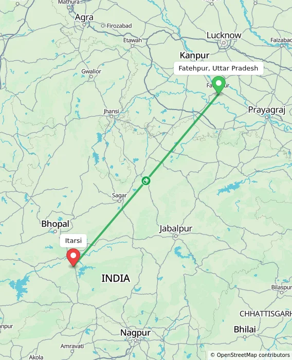 Route map showing distance and travel time from Fatehpur, Uttar Pradesh, India to Itarsi, India
