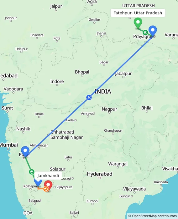 Route map showing distance and travel time from Fatehpur, Uttar Pradesh, India to Jamkhandi, India