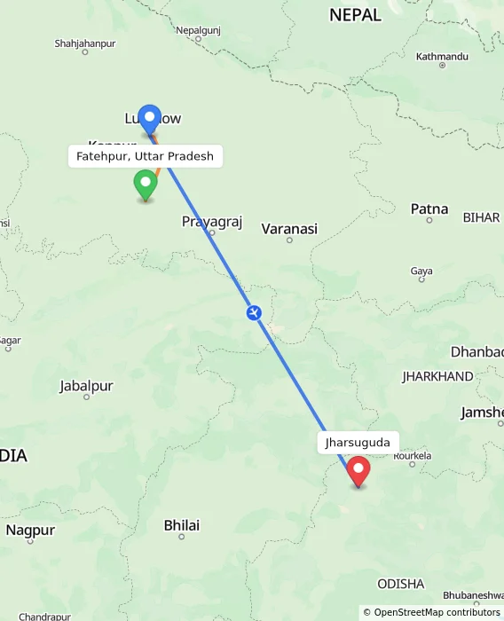 Route map showing distance and travel time from Fatehpur, Uttar Pradesh, India to Jharsuguda, India