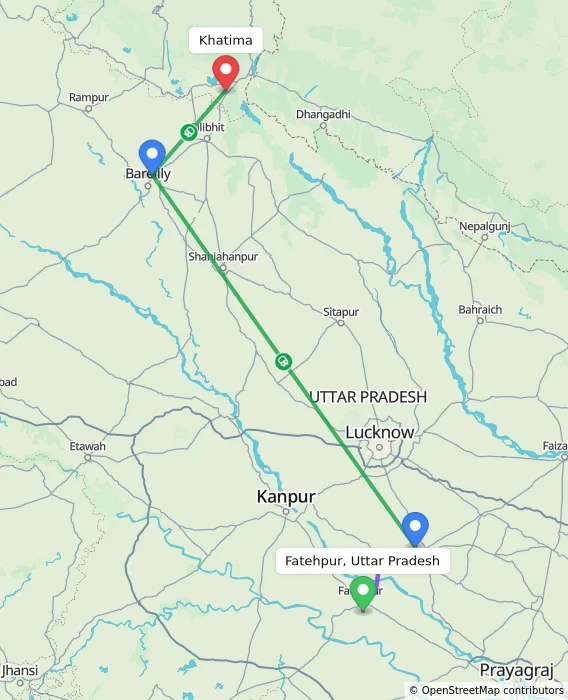 Route map showing distance and travel time from Fatehpur, Uttar Pradesh, India to Khatima, India