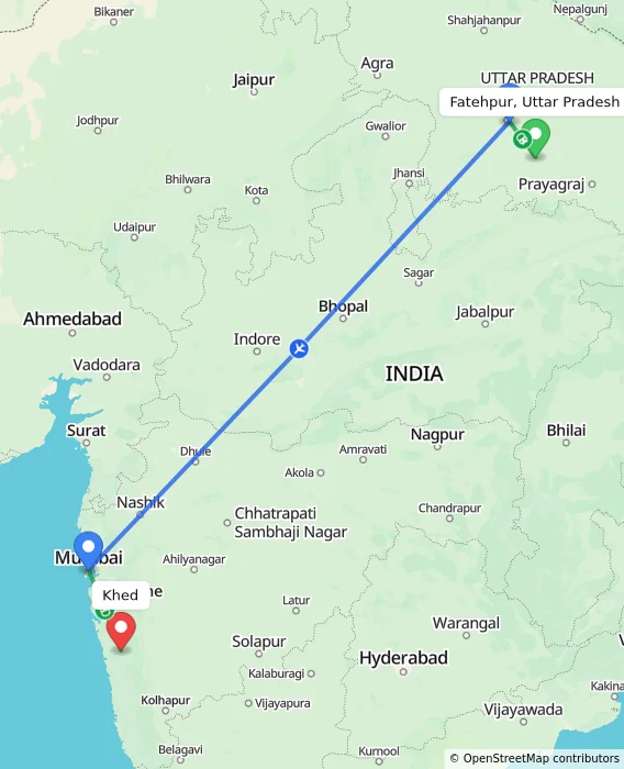Route map showing distance and travel time from Fatehpur, Uttar Pradesh, India to Khed, India