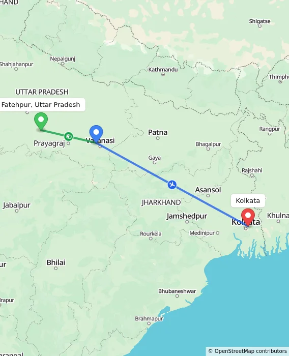 Route map showing distance and travel time from Fatehpur, Uttar Pradesh, India to Kolkata, India