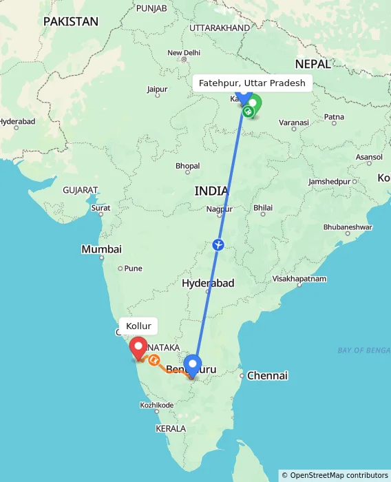Route map showing distance and travel time from Fatehpur, Uttar Pradesh, India to Kollur, India