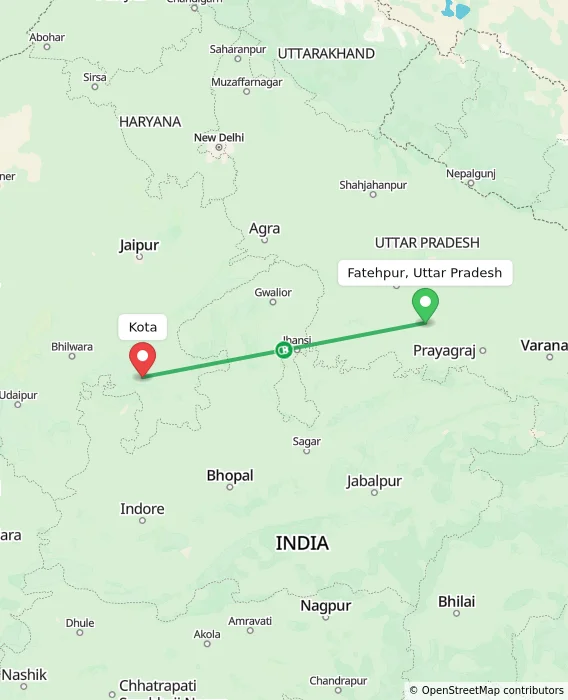 Route map showing distance and travel time from Fatehpur, Uttar Pradesh, India to Kota, India