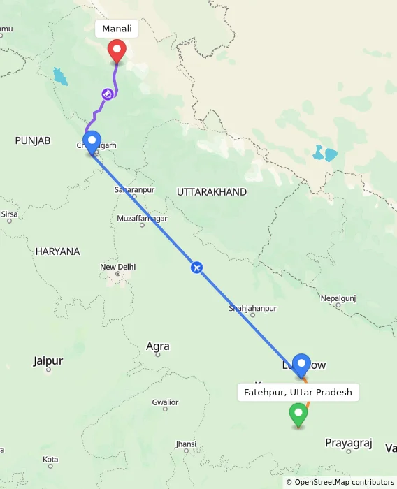 Route map showing distance and travel time from Fatehpur, Uttar Pradesh, India to Manali, India
