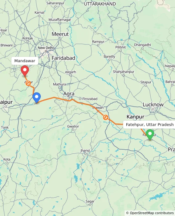 Route map showing distance and travel time from Fatehpur, Uttar Pradesh, India to Mandawar, India